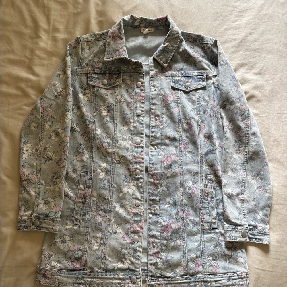 Tribal Light Blue Floral Denim Jacket with Pink Accents